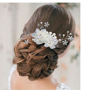 White Floral Organza Crystal Pearl Hair Comb Wedding